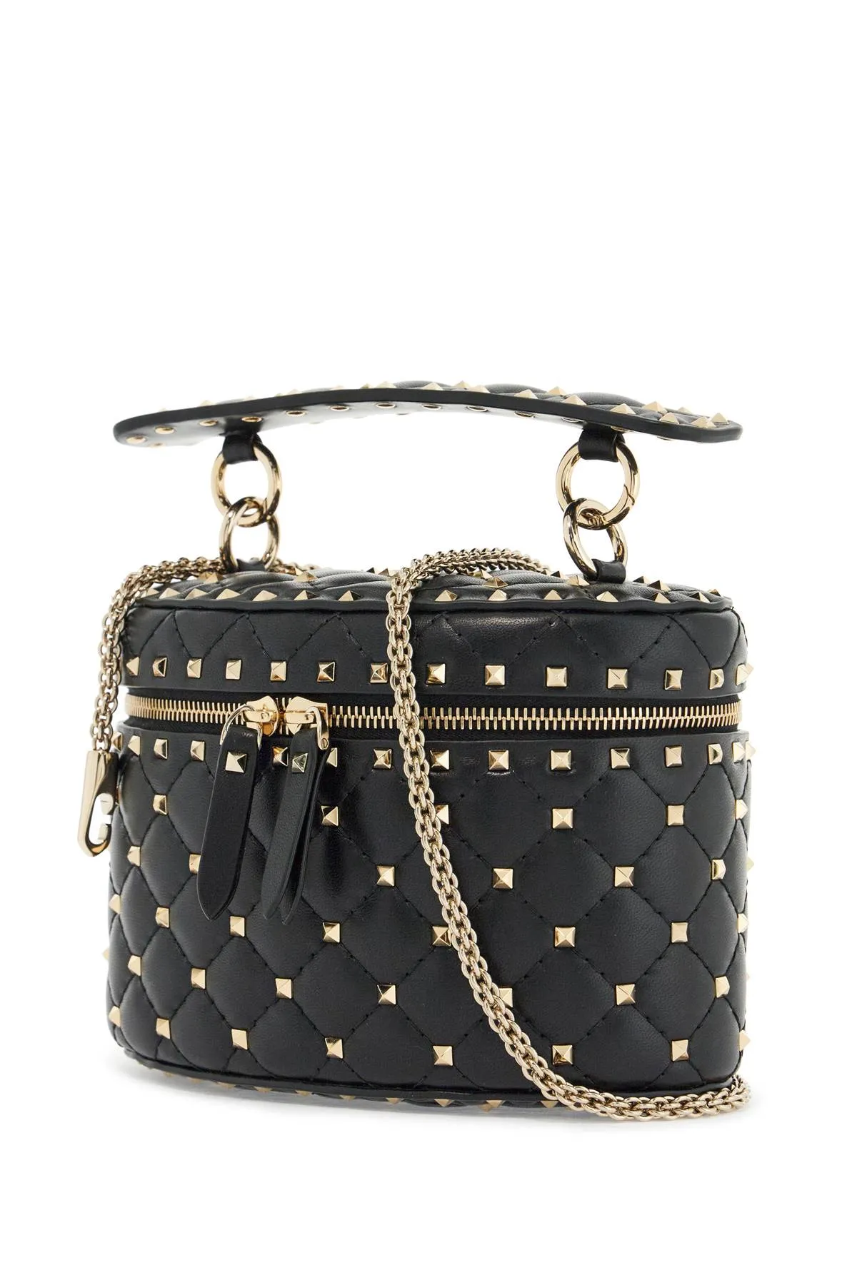 Black Quilted Leather Cylindrical Vanity Bag With Chain