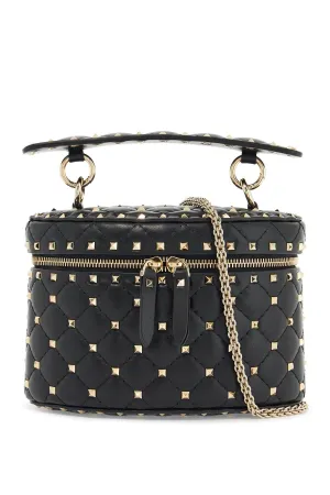 Black Quilted Leather Cylindrical Vanity Bag With Chain