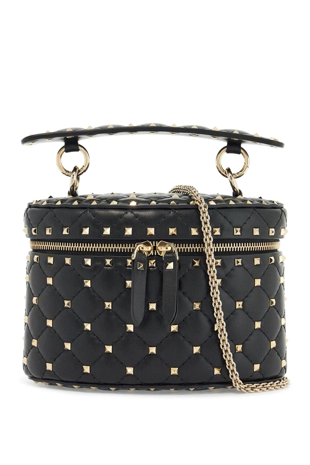 Black Quilted Leather Cylindrical Vanity Bag With Chain