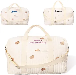 Custom Cotton Diaper Bag Tote for Women - Large Capacity, Multiple Compartments, Cute Rabbit Bear Design for Baby Girl & Boy