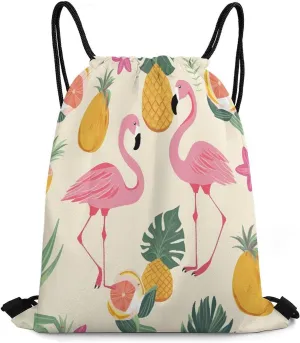 Drawstring Backpack Bag,Flamingos And Pineapples Print Drawstring Backpacks,Sports Gym Backpack with Mesh Pocket String Bag for Women Men
