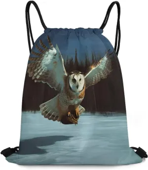 Drawstring Backpack Bag,Flying Owl Print Drawstring Backpacks,Sports Gym Backpack with Mesh Pocket String Bag for Women Men