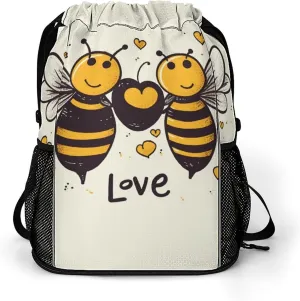 Drawstring Gym Bag,Bee Love Honey Print Drawstring Backpack,Sports Gym Backpack with Mesh Pocket String Bag for Women Men