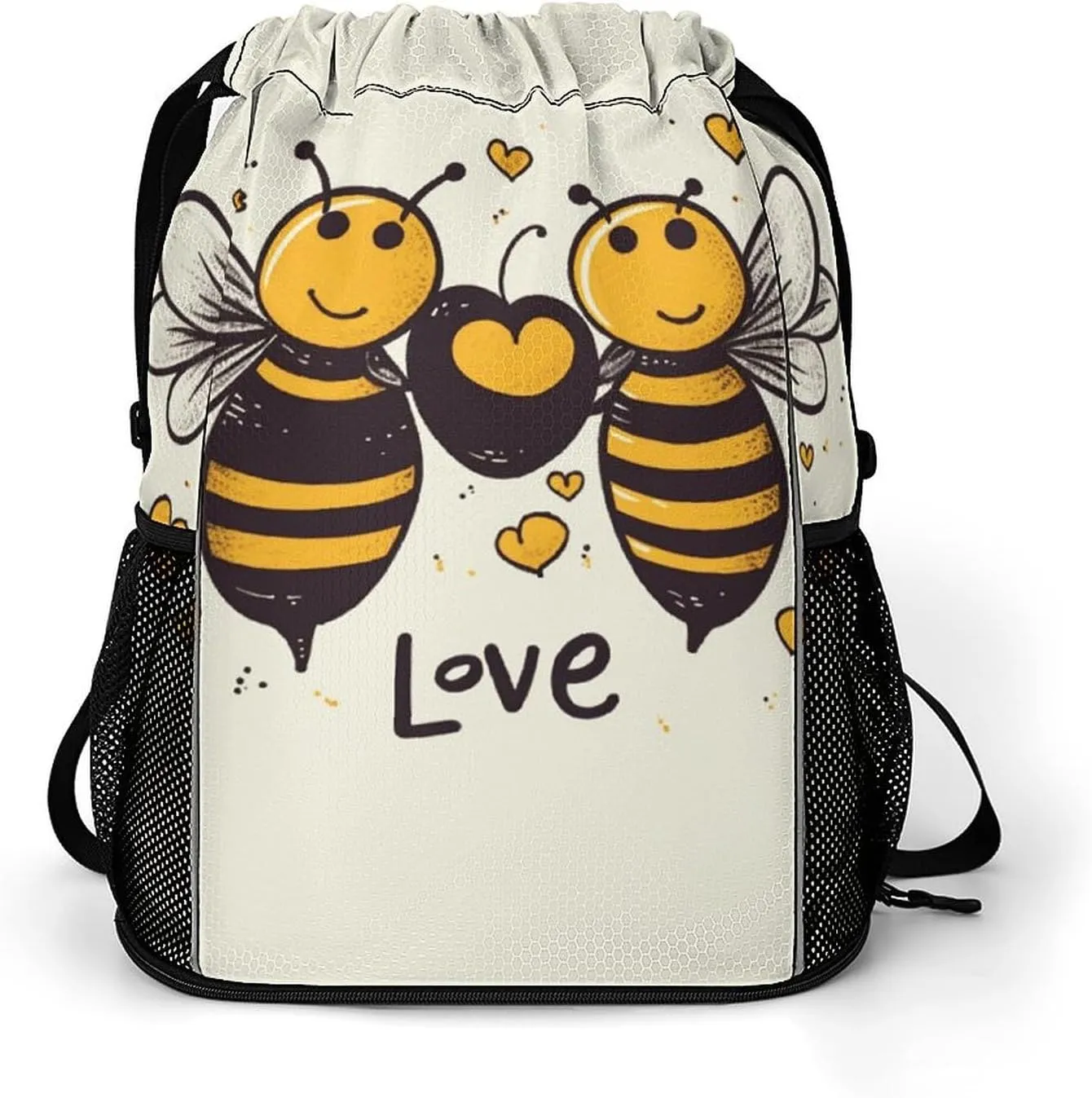 Drawstring Gym Bag,Bee Love Honey Print Drawstring Backpack,Sports Gym Backpack with Mesh Pocket String Bag for Women Men