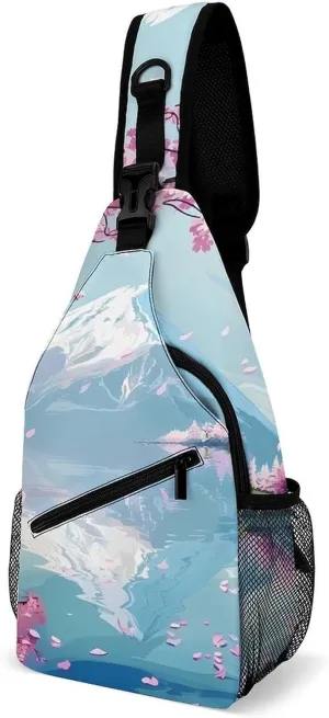Mount Fuji Cherry Flowers Sling Backpack Crossbody Chest Bag Print Shoulder Bag Travel Daypack for Sports Running Hiking
