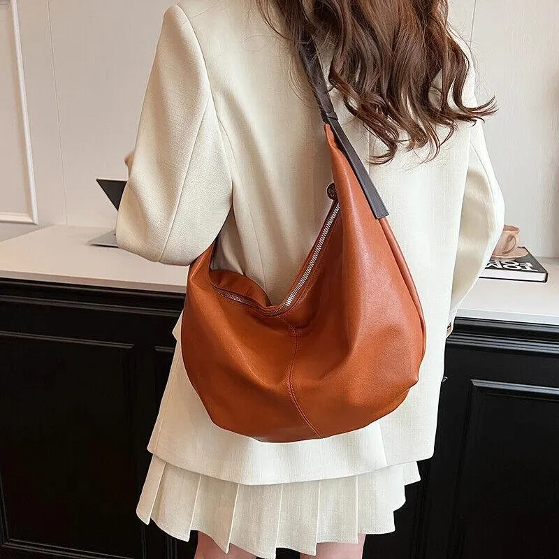 Shoulder Hobo Bags Leather Women's Large Zipper Soft Adjustable Strap Handbags