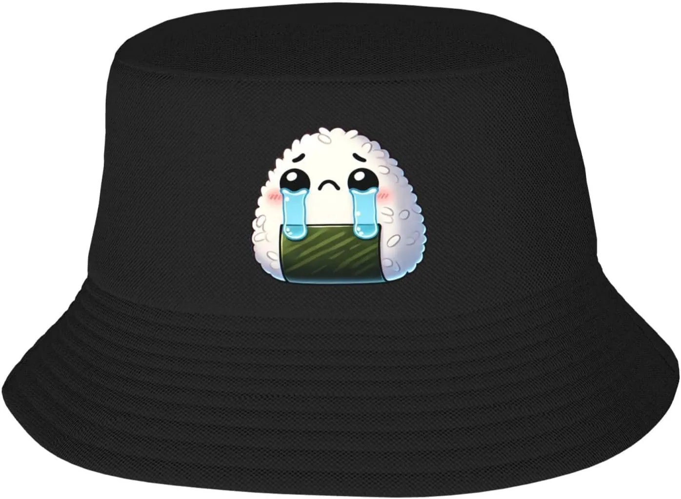 Unisex Bucket Hats for Sushi Cute Rice Balls Crying Sun Beach Hat Wide Brim Summer Fisherman's Caps UPF 50  Black